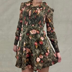 VTG 70s Moody Floral Mini Dress Puff Sleeve Peter Pan Collar Green Brown Pink XS